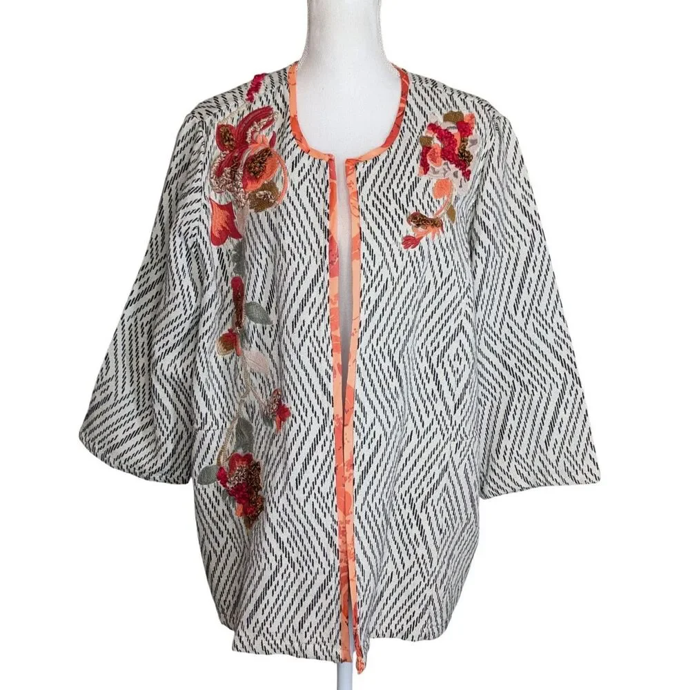 NWT Chico's Open Front Jacket Sz 4 Artisan Applique Embroidered Artsy Unique